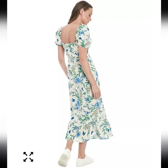 London Times Linen Blend Floral-Print Puff-Sleeve Midi Dress Sz 16 Smocked Back - Picture 2 of 15